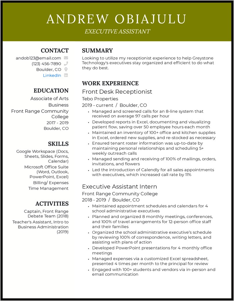 Executive Assistant Role Resume Example