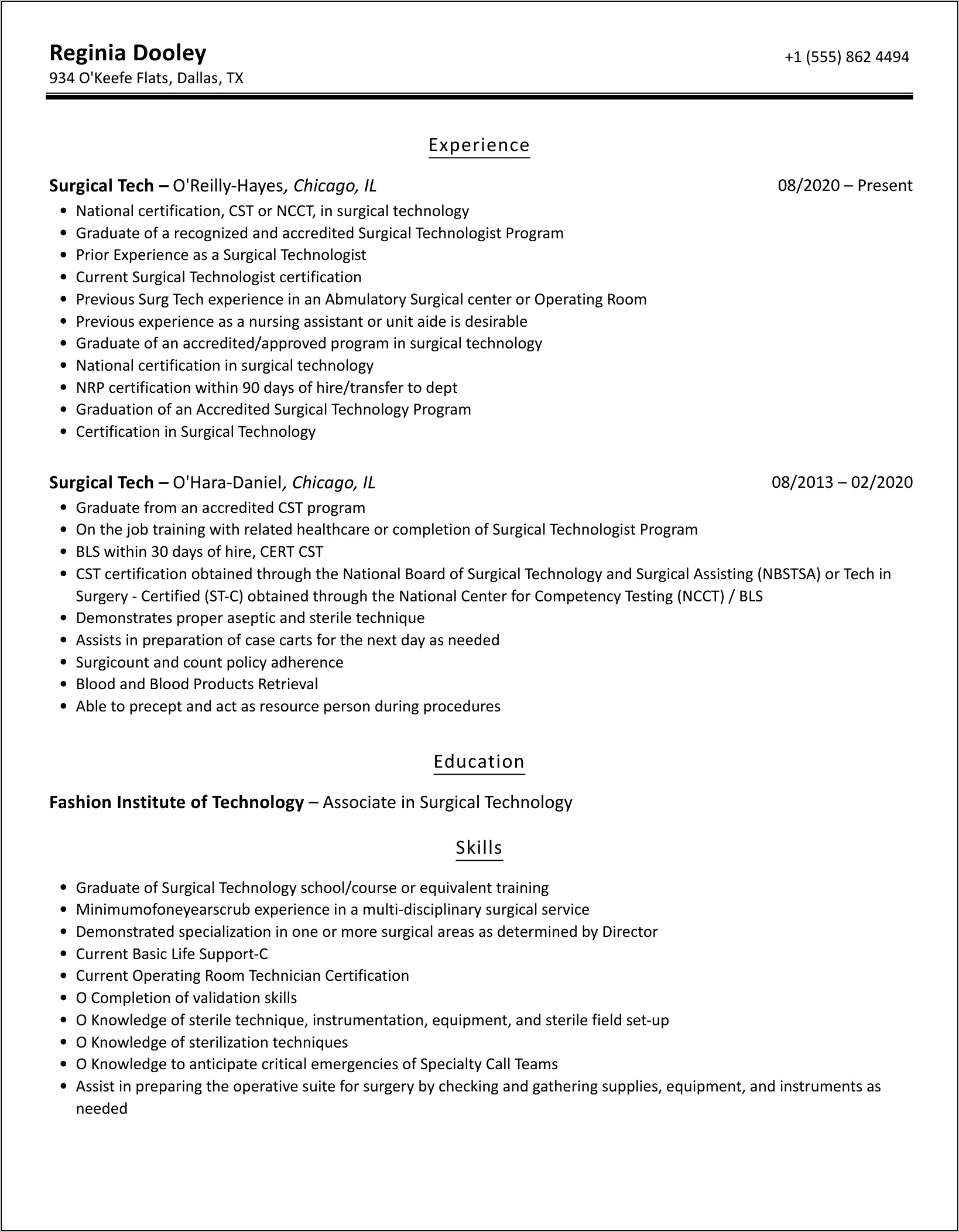 Experience Surgical Tech Skills Resume