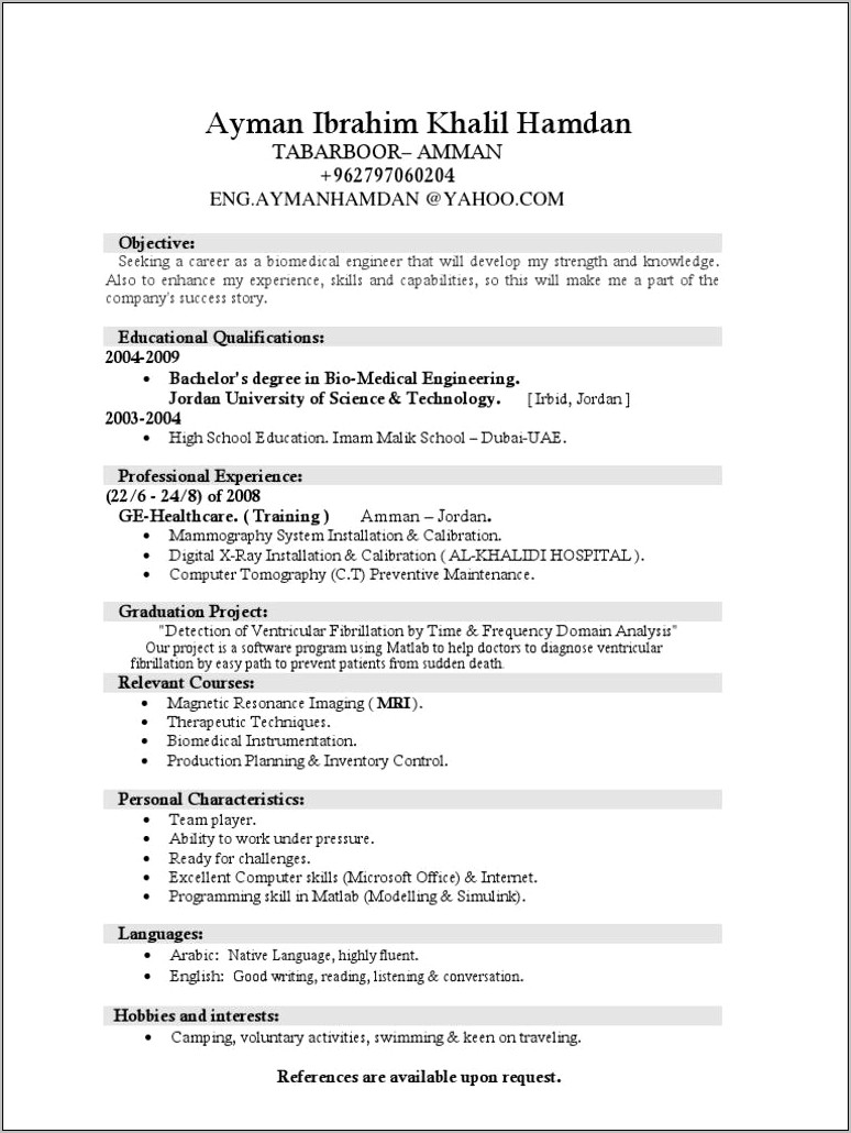 Experienced Biomedical Engineer Resume Objective