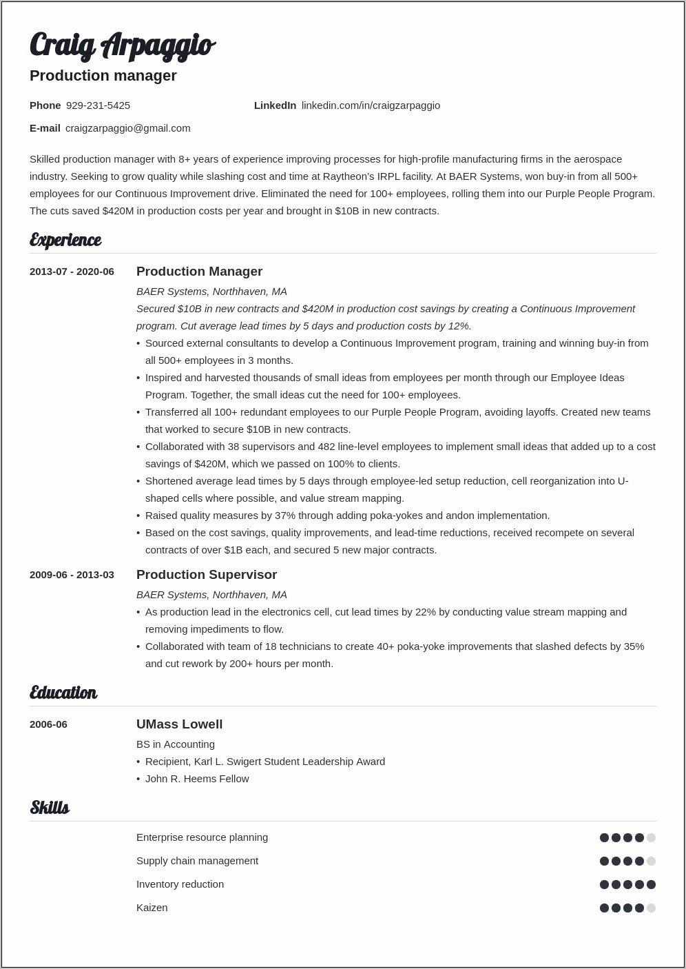 Experiencie For Plant Manager Resume