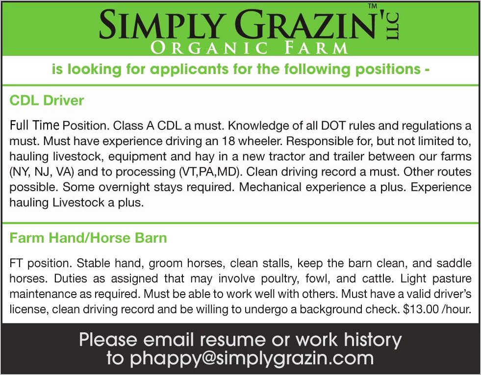 Farm Hand Resume Job Description