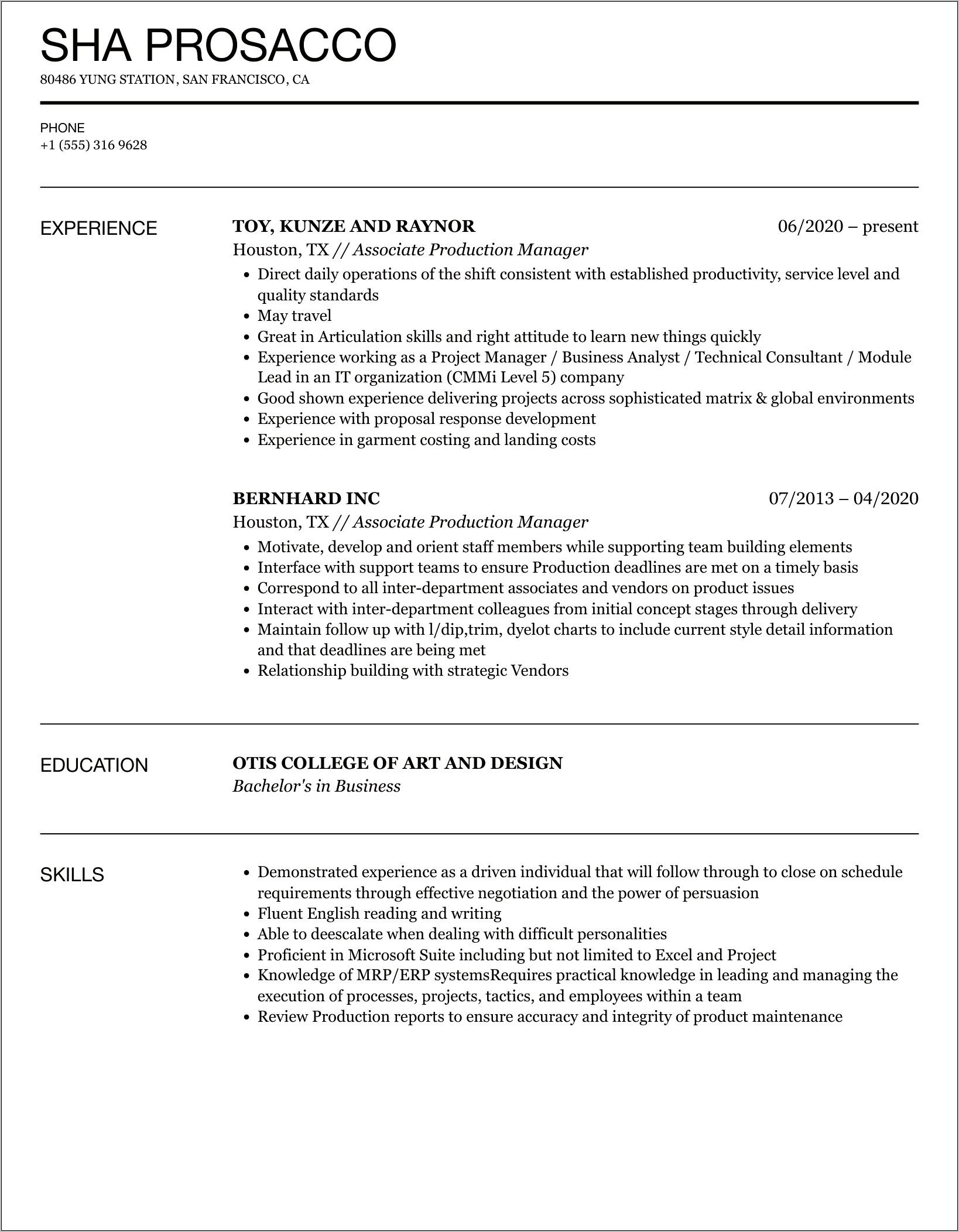 Fashion Production Assistant Resume Sample