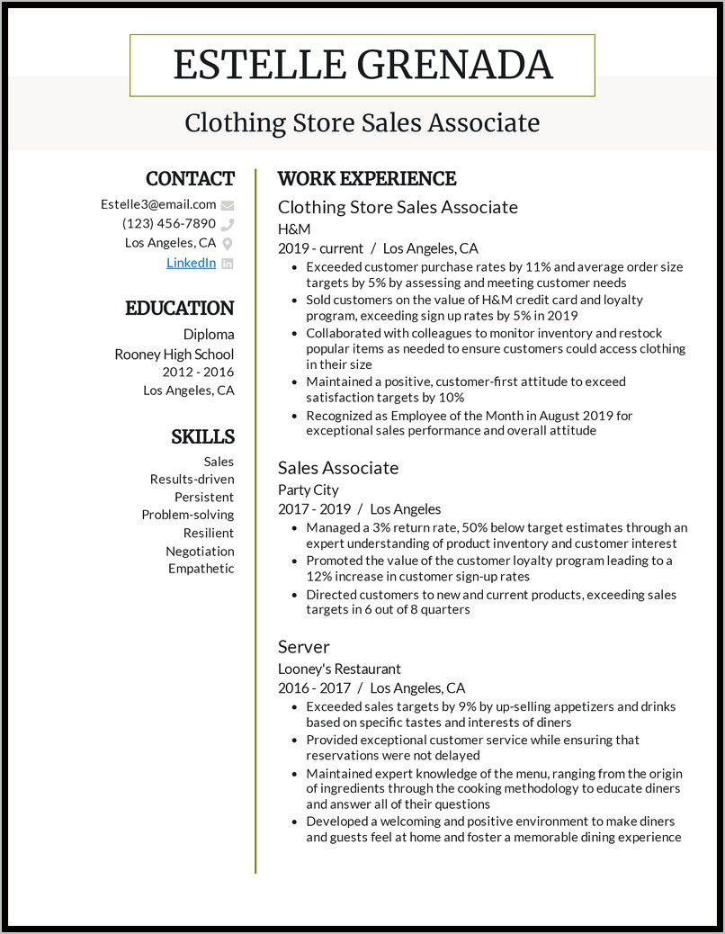 Fashion Sales Assistant Resume Sample