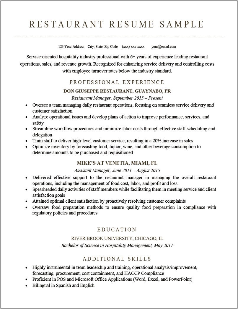 Fast Food Restaurant Resume Examples