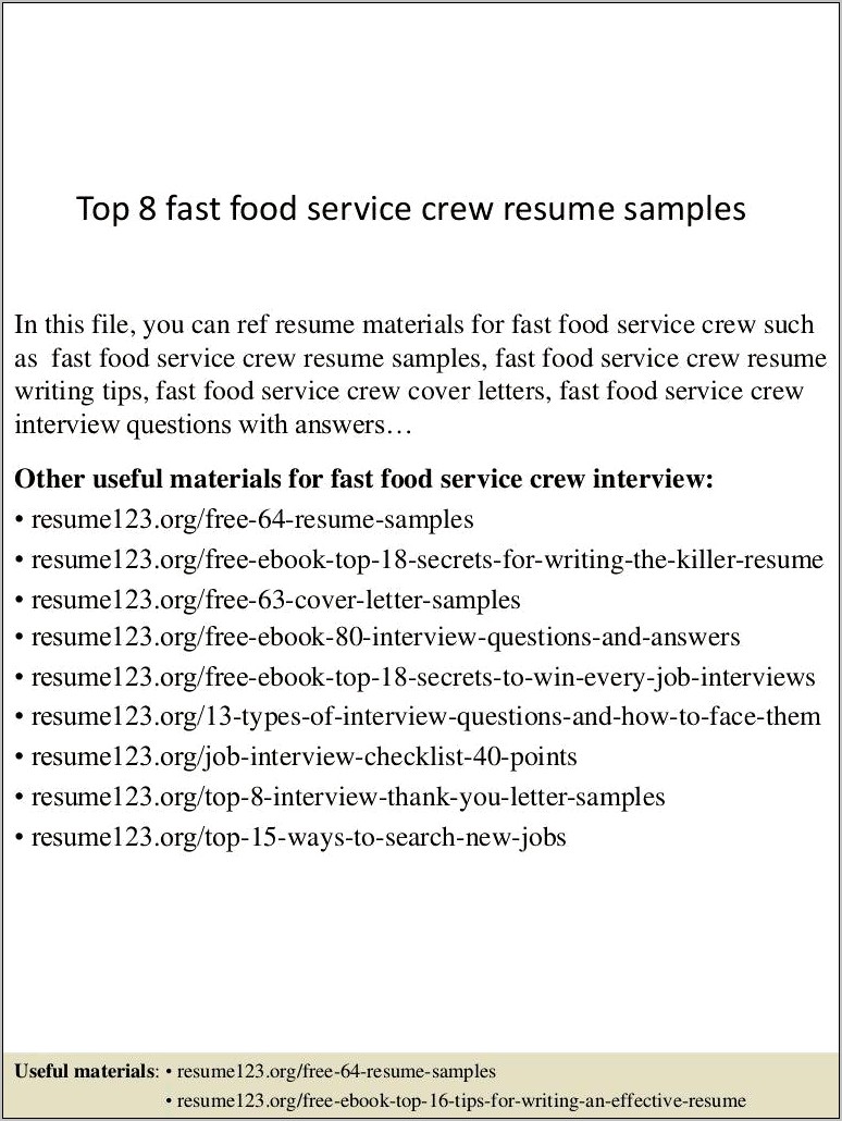 Fast Food Resume Objective Examples