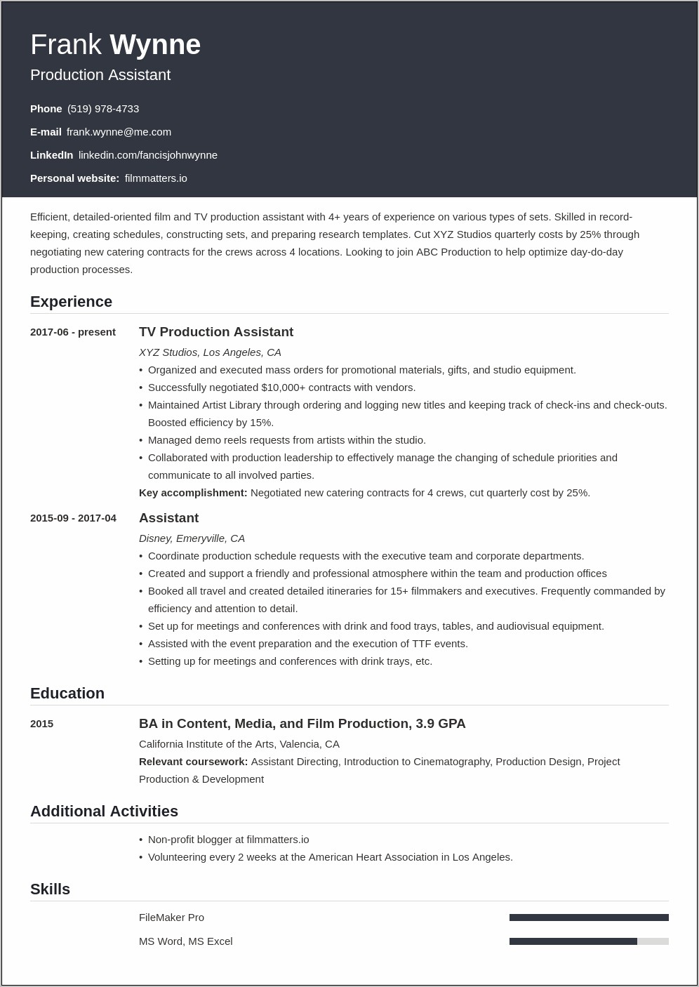 Film Production Assistant Resume Examples