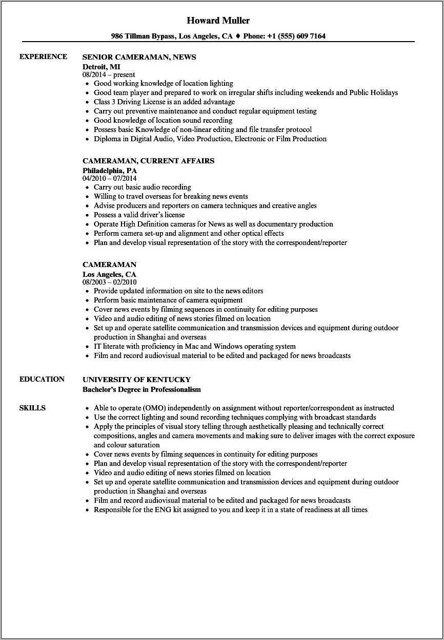 Film Production Resume Objective Samples