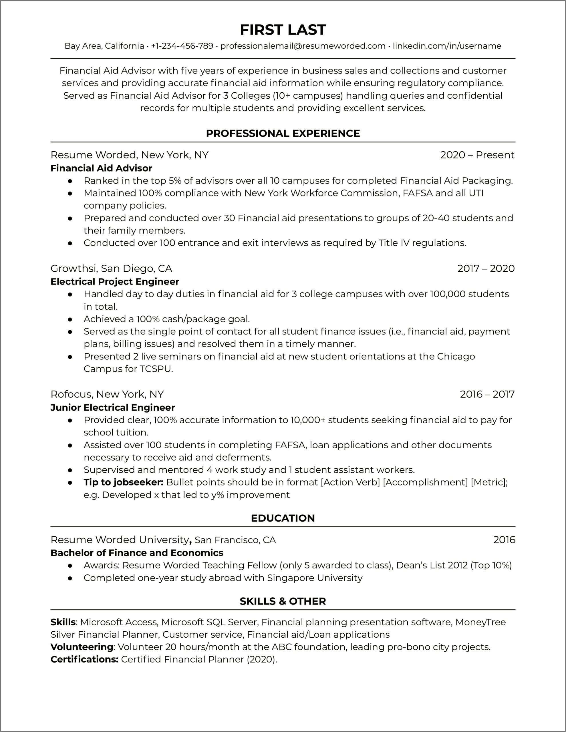 Financial Aid Counselor Resume Example