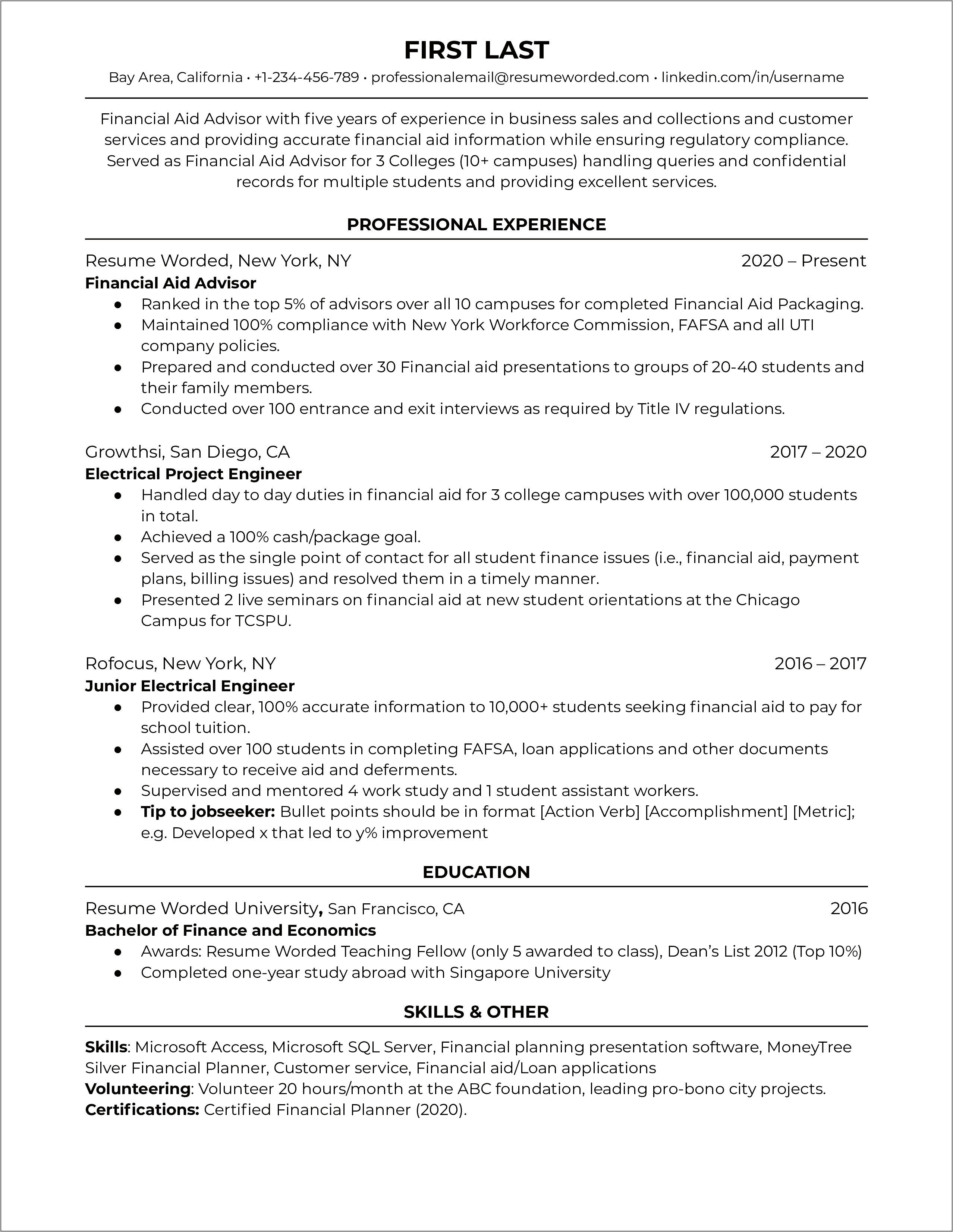 Financial Aid Counselor Resume Example