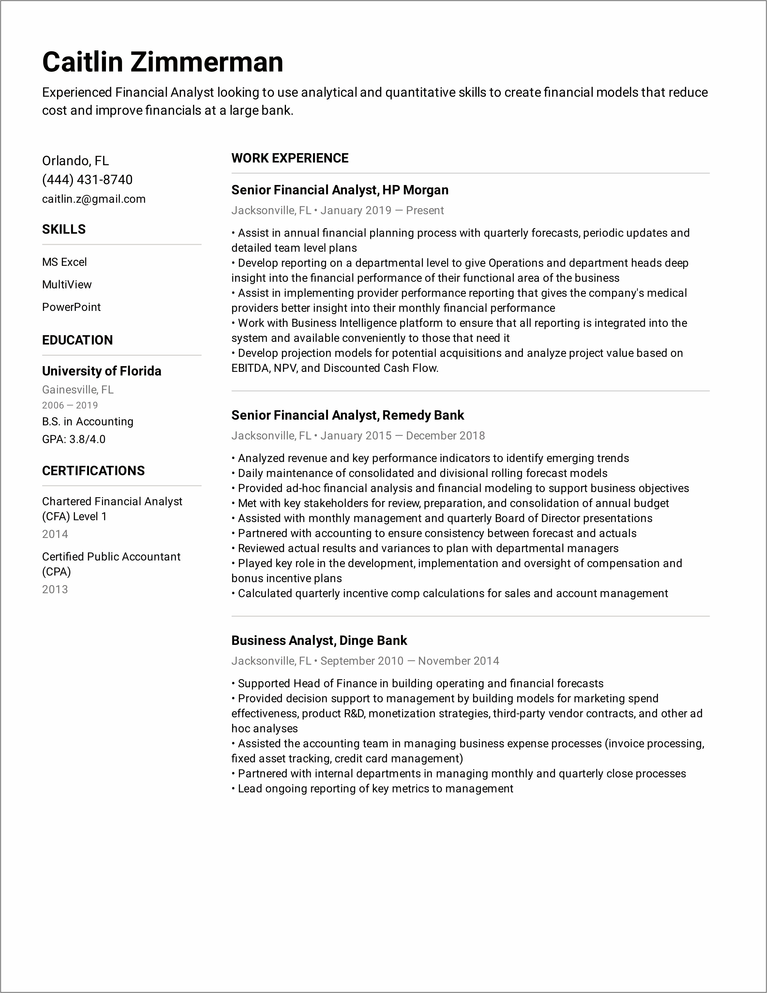 Financial Analyst Certification Resume Examples