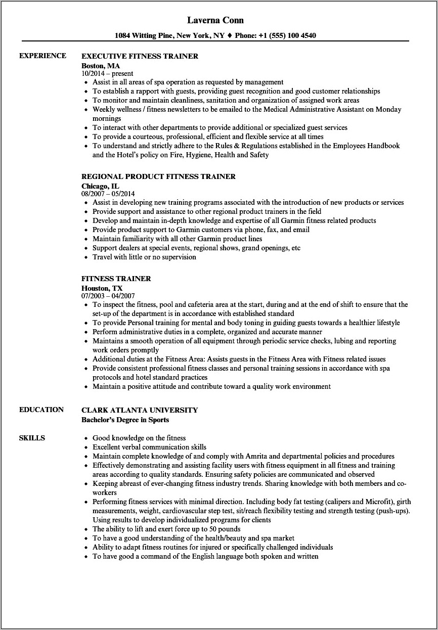 Fitness Trainer Job Description Resume