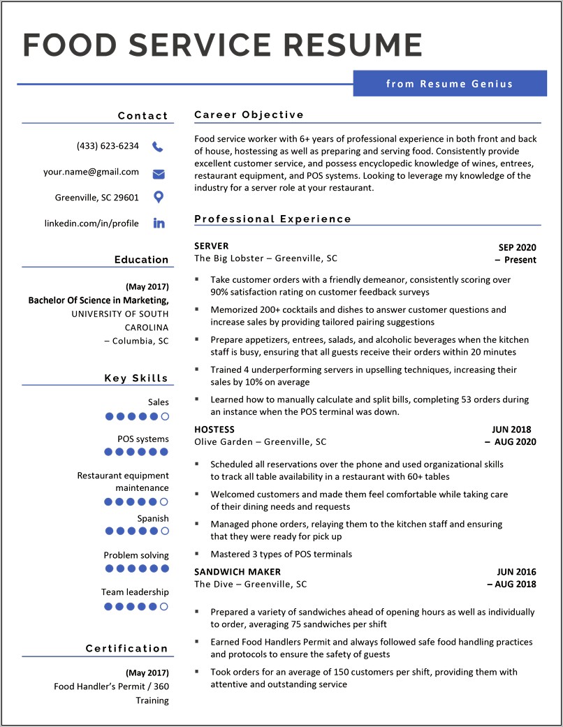 Food Service Industry Resume Objective