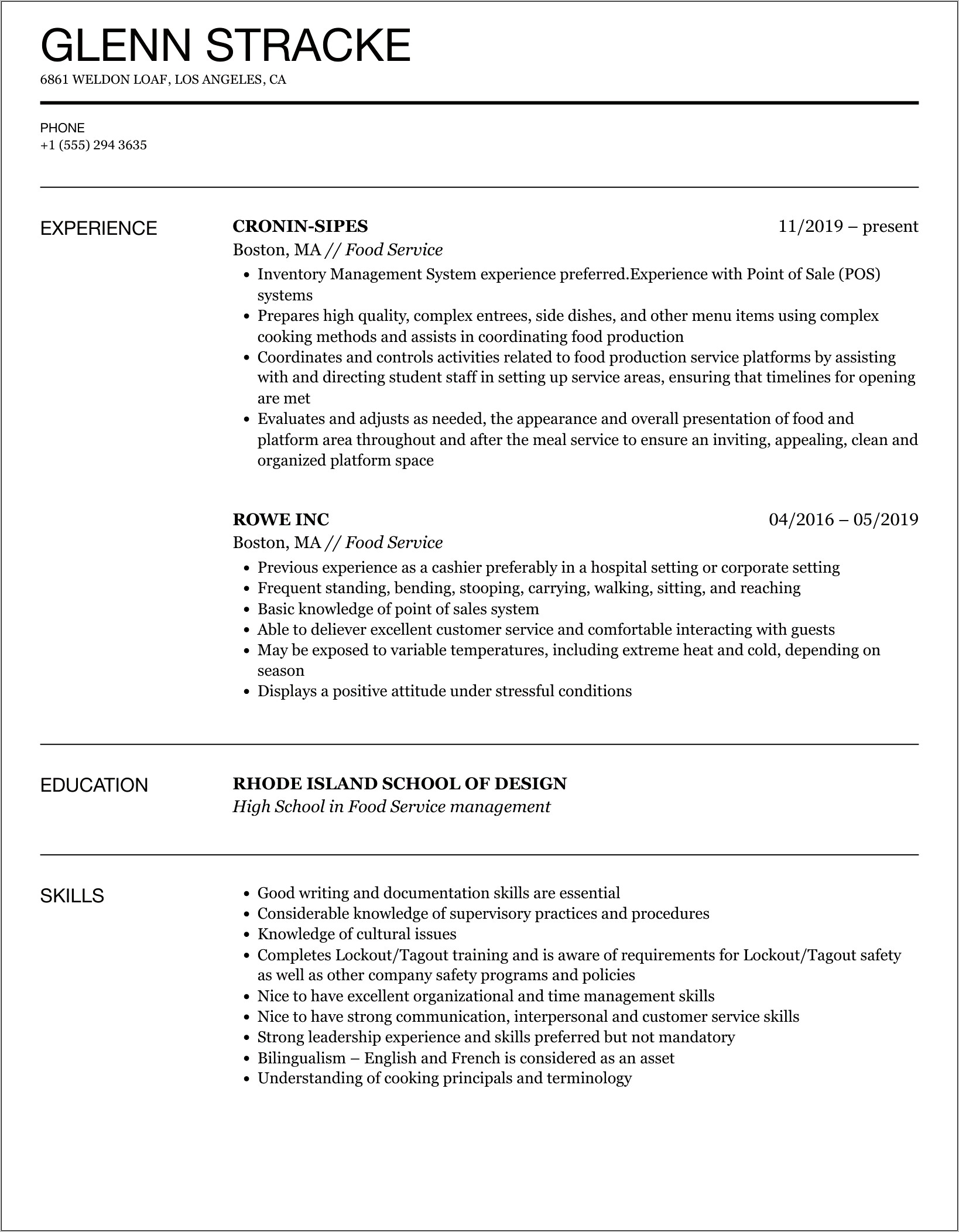 Food Service Jobs In Resumes
