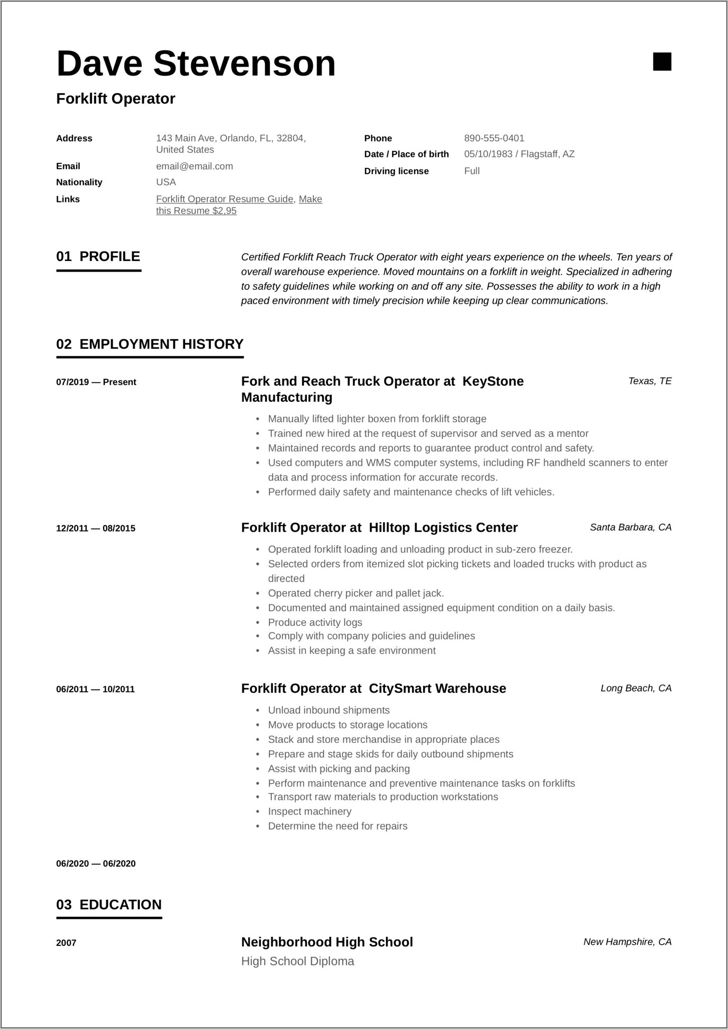 Forklift Driver Resume Template Example