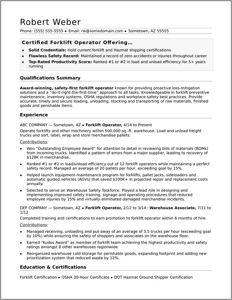 Forklift Operator Objective For Resume