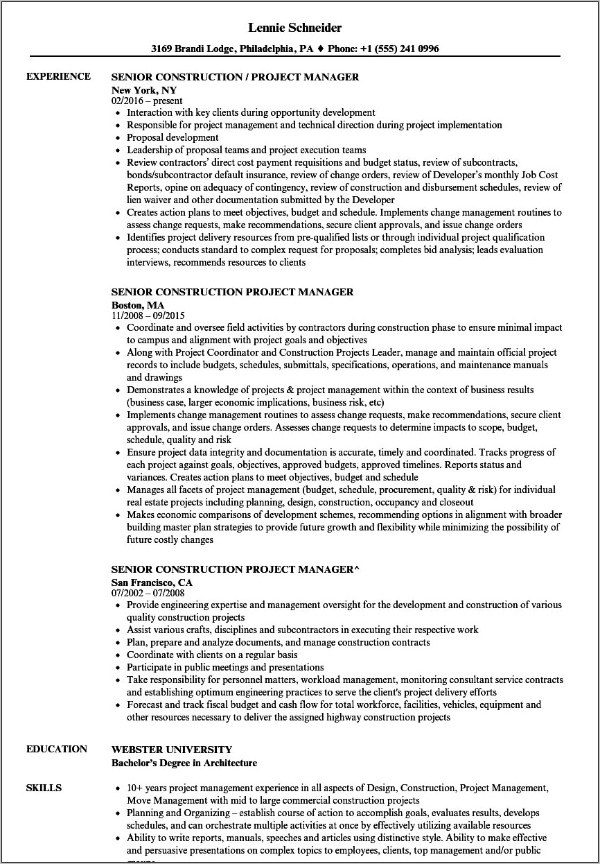 Free Construction Project Manager Resume