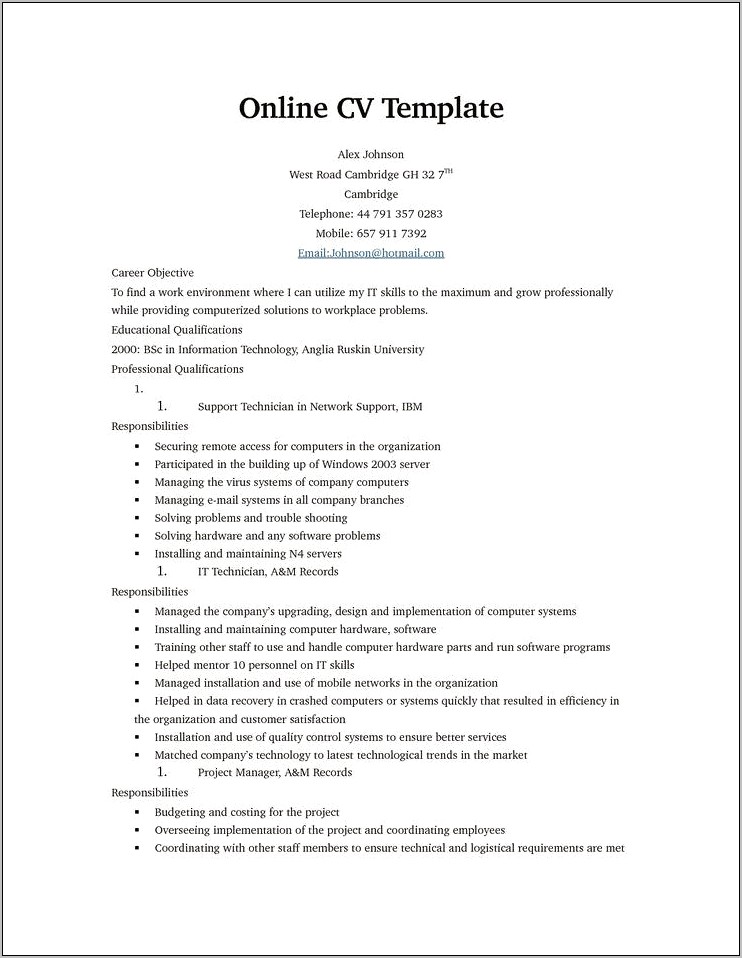 Free Online Resume Format Sample