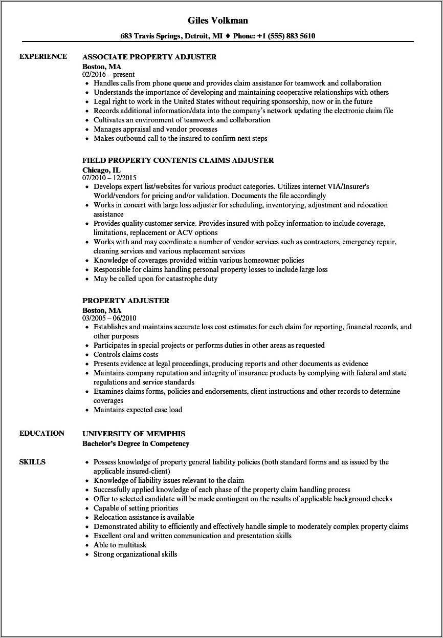 Free Resume For Claims Adjuster