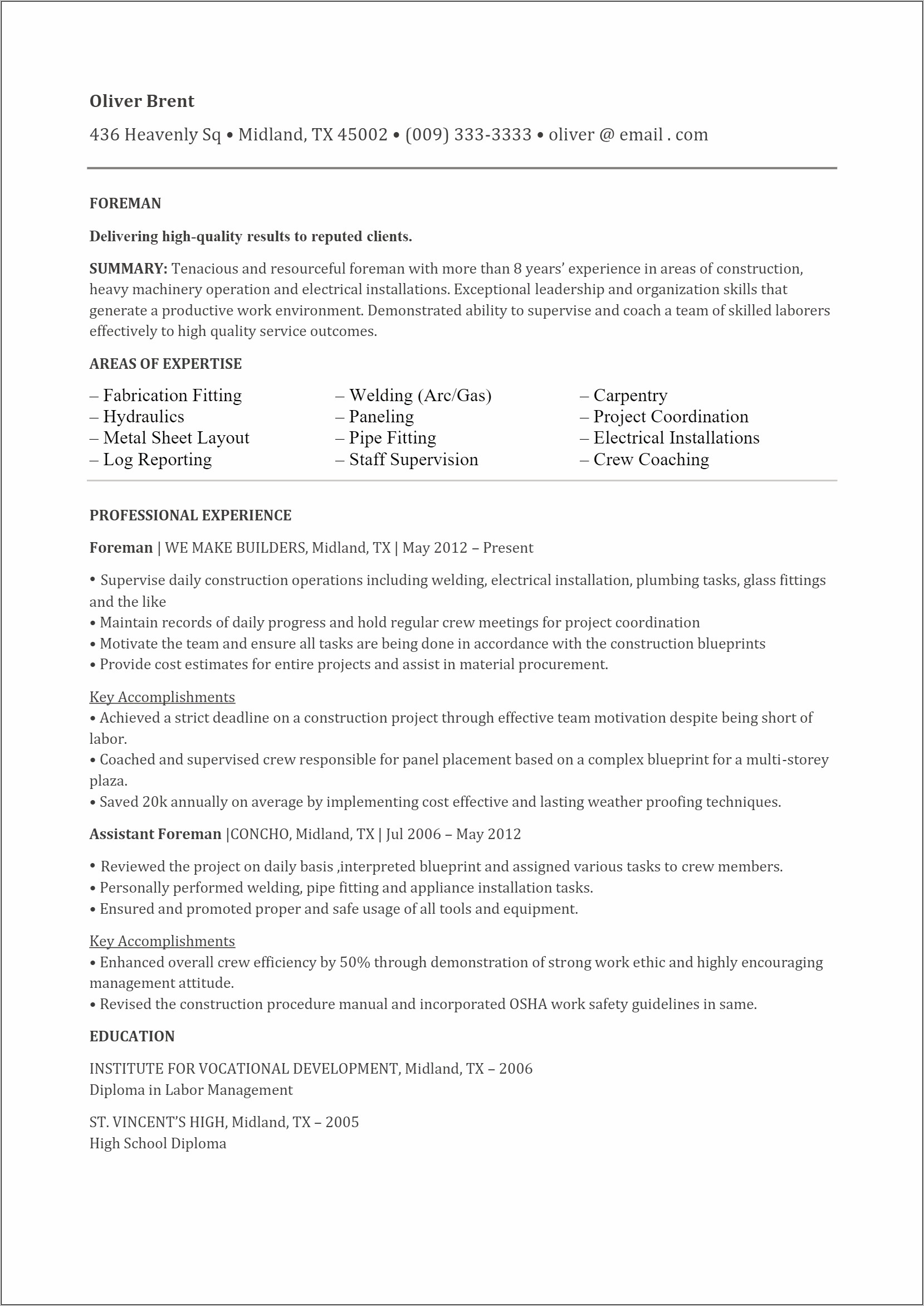 Free Resume For Electrical Foreman