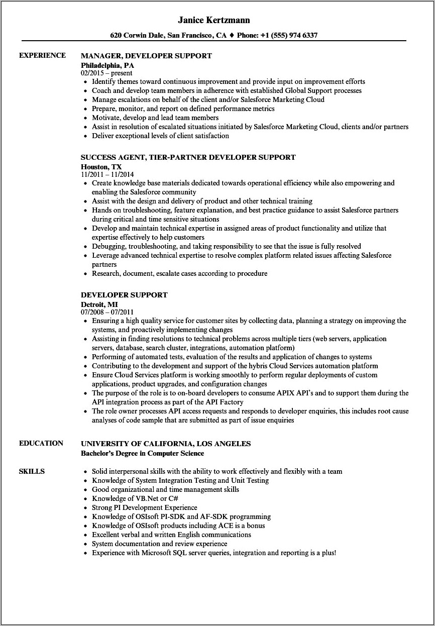 Free Resume For Support Development
