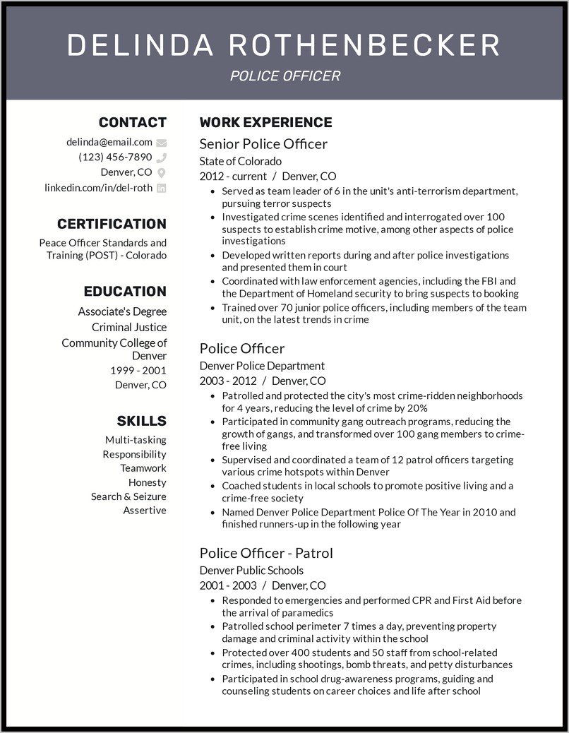 Free Resume Sample Law Enforcement