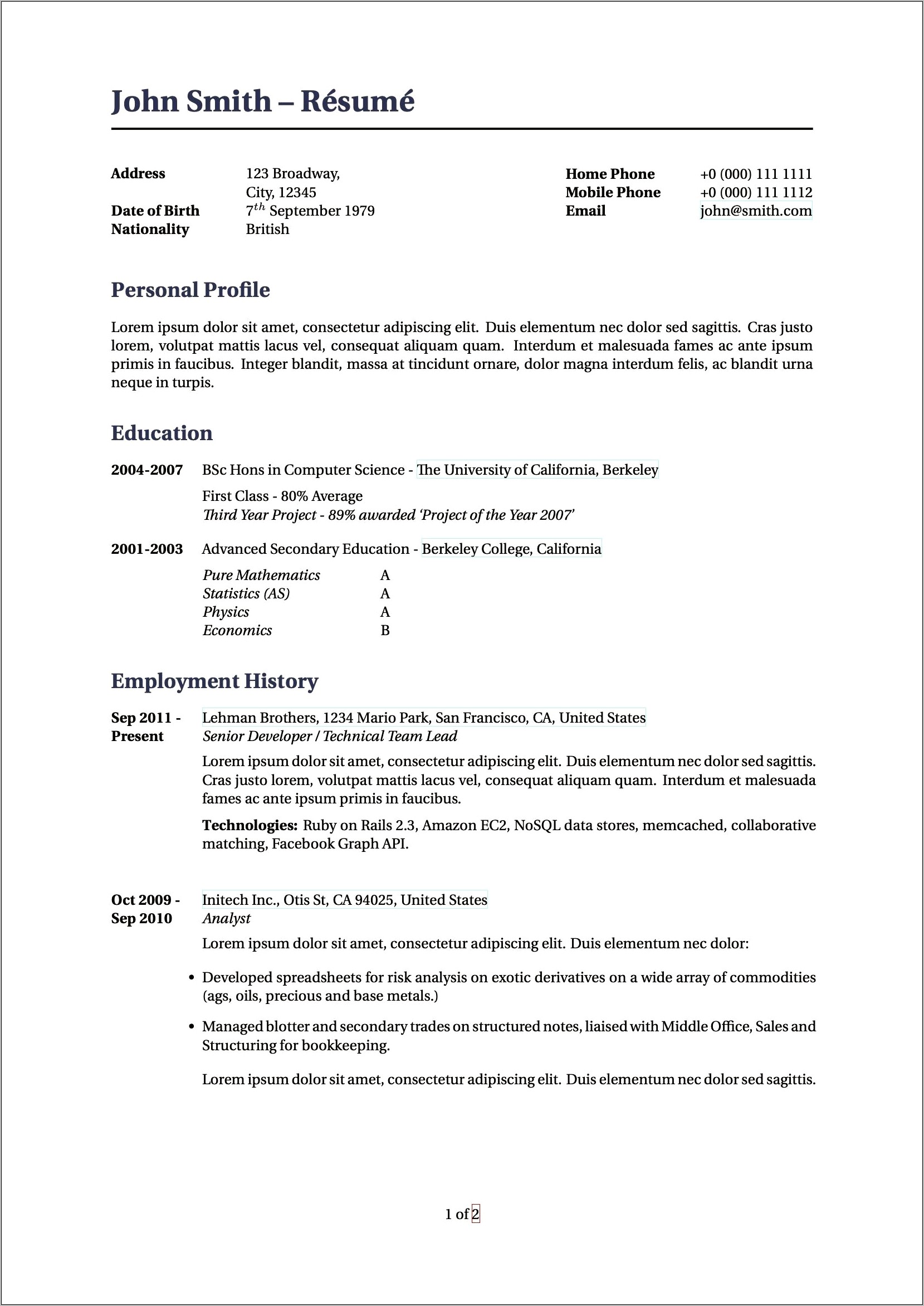 Free Resume Template 2 Column
