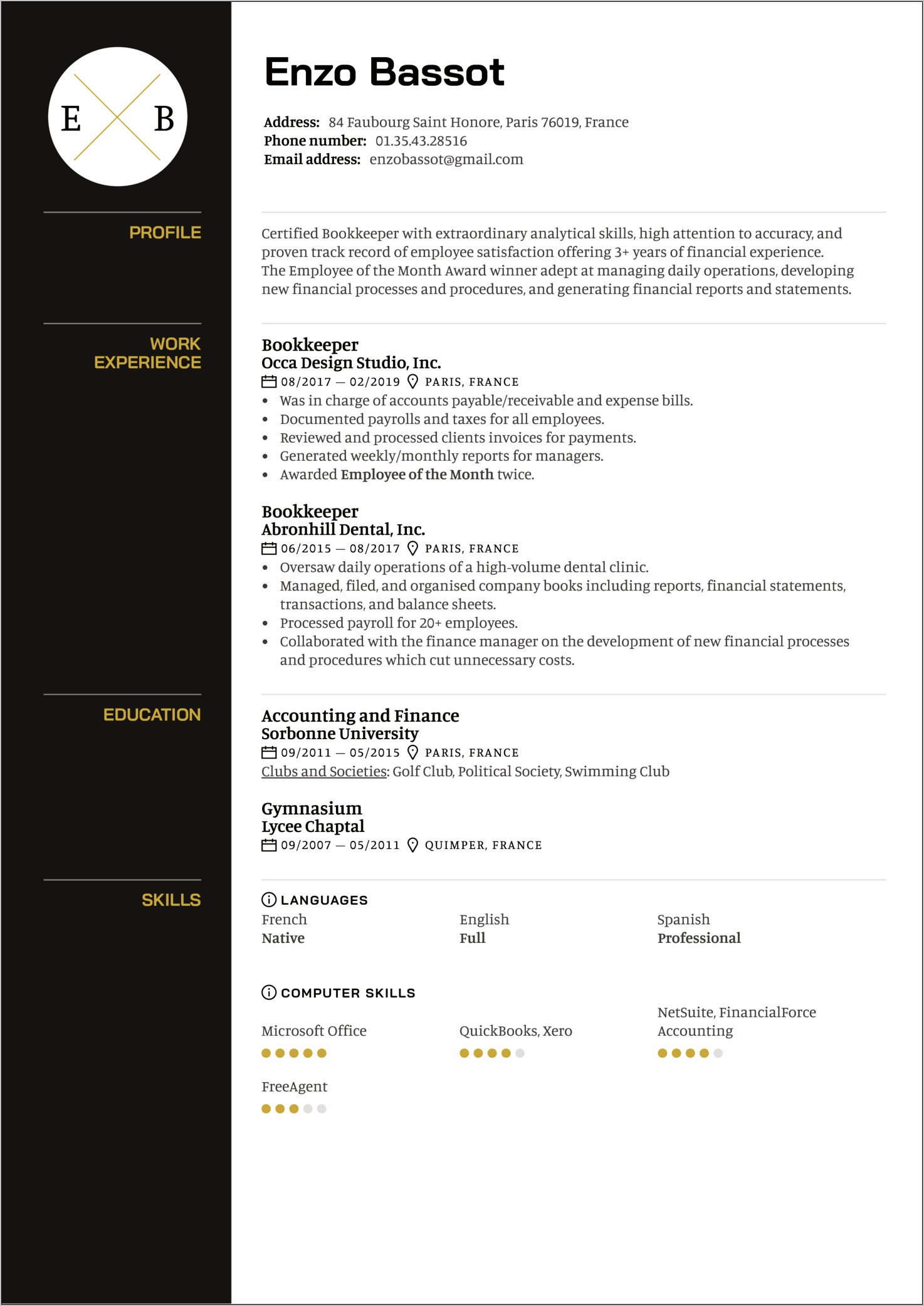 Free Sample Resume For Bookkeeper