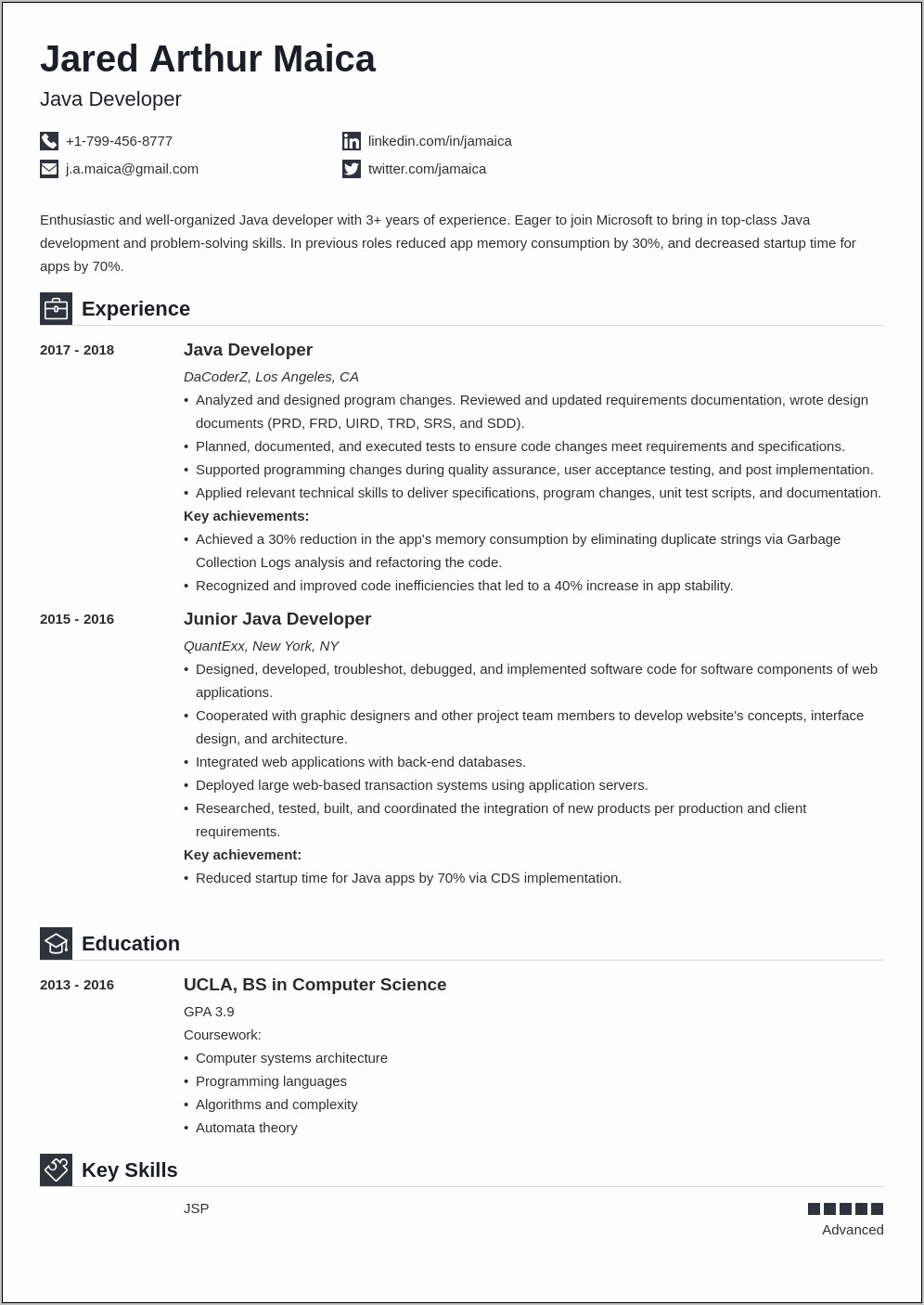 Fresher Job Resume Java Developer