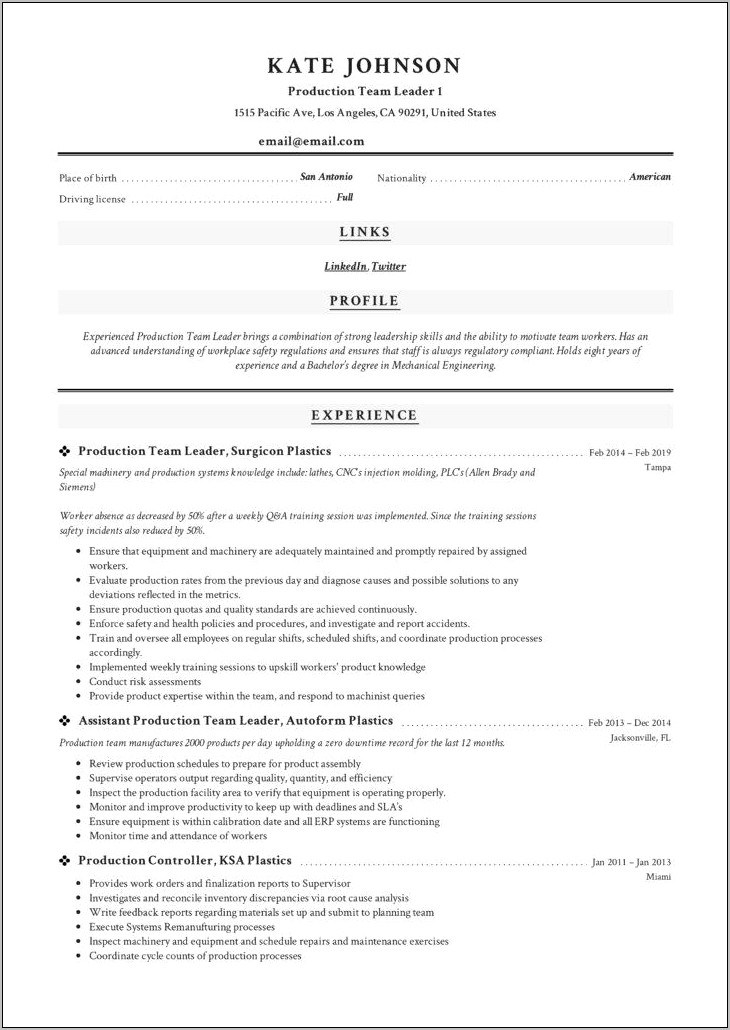 Front Line Leader Resume Examples