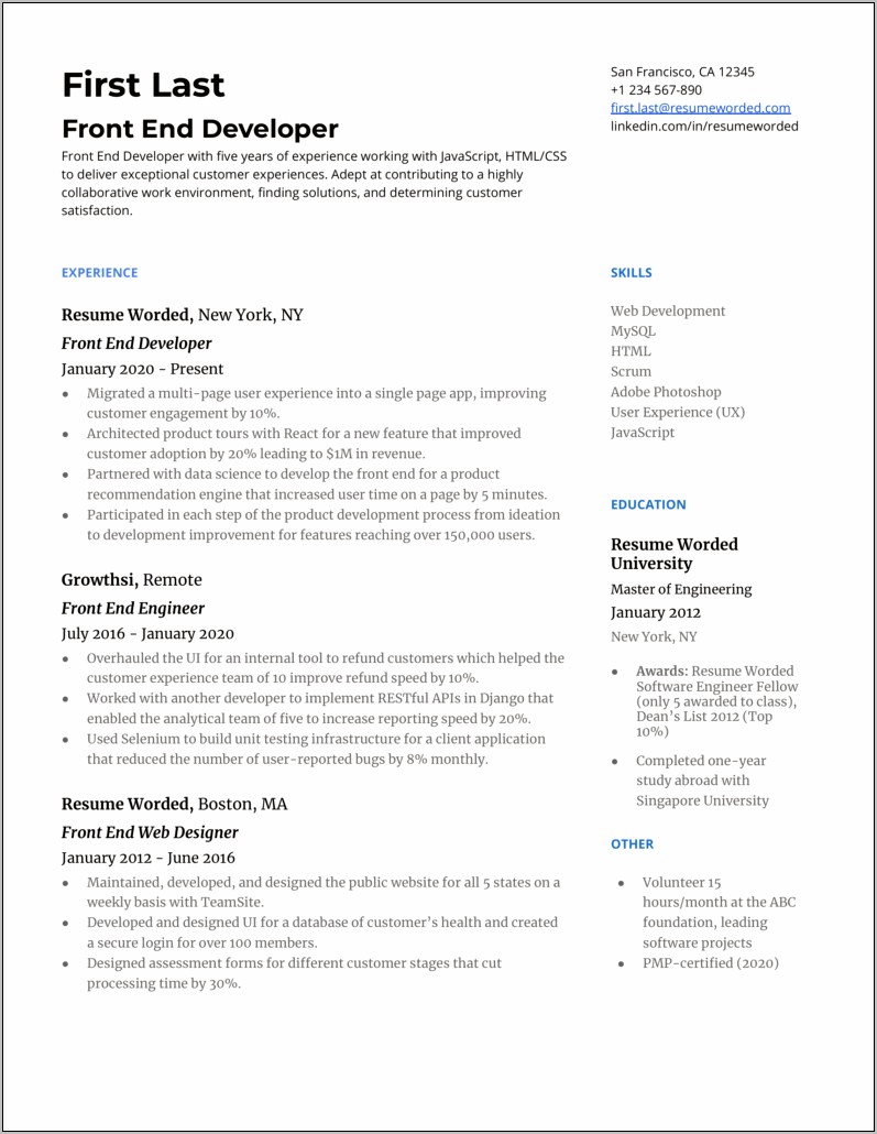 Front Of House Resume Examples