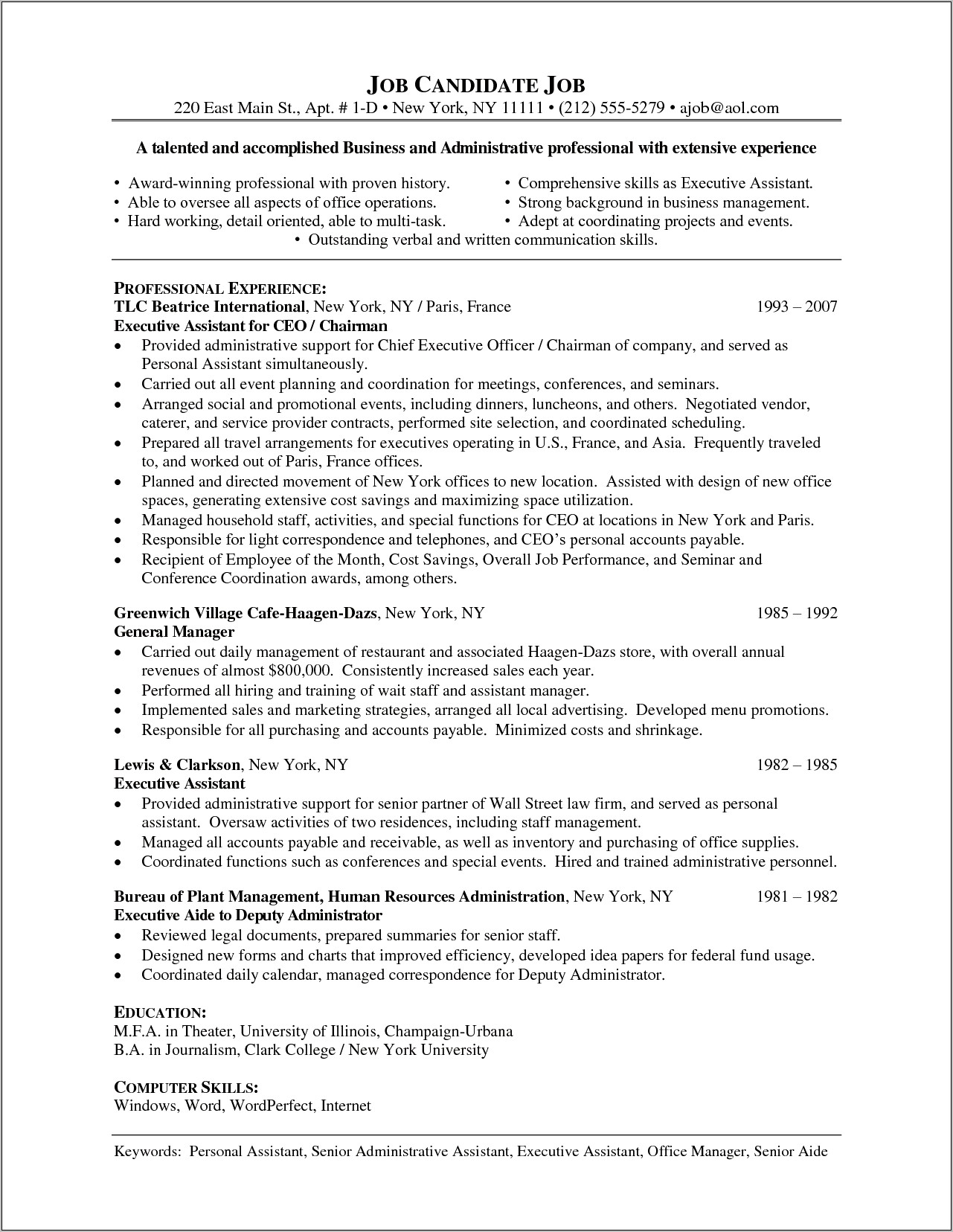 Functional Executive Assistant Resume Sample