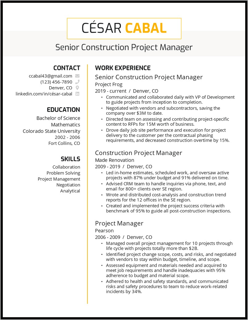 General Construction Project Manager Resume