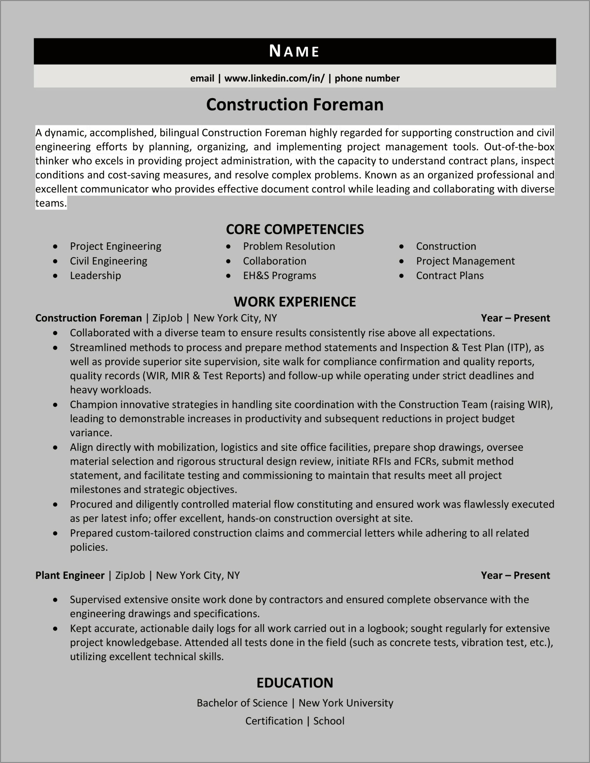 General Contracting Skills For Resume