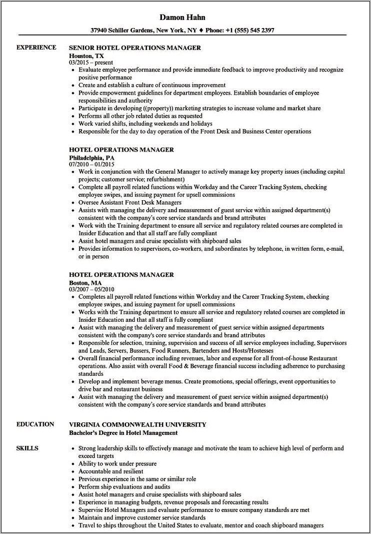 General Manager Of Hotel Resume