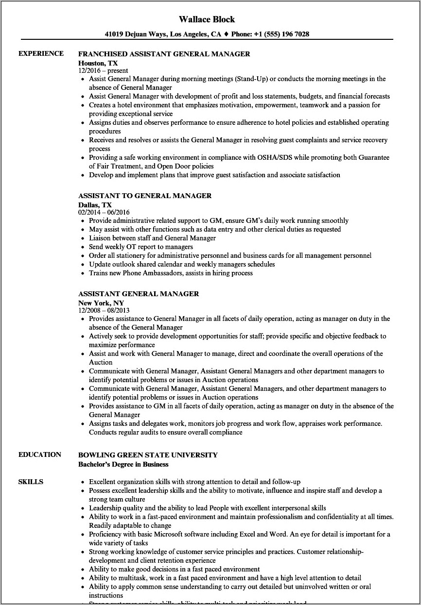 General Manager Resume P&l