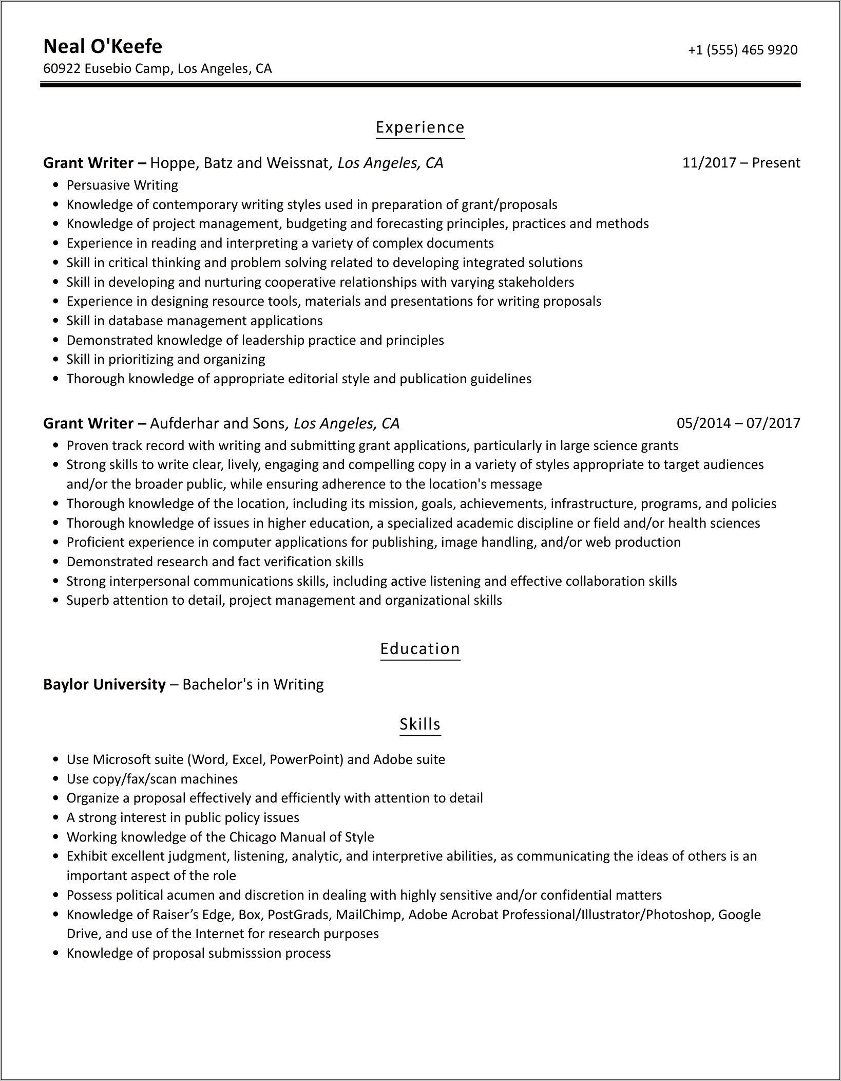 Grant Writing And Management Resume