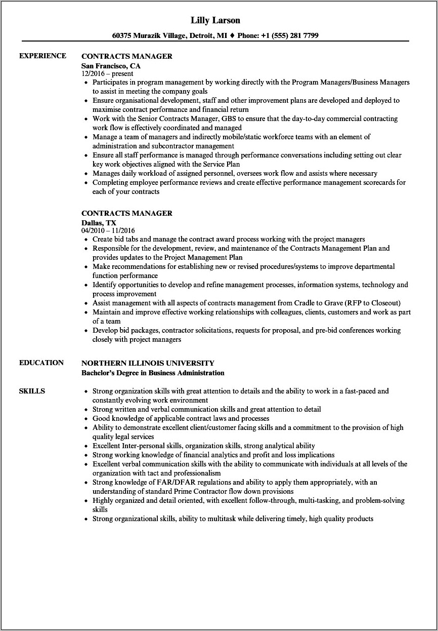 Grants And Contracts Manager Resume