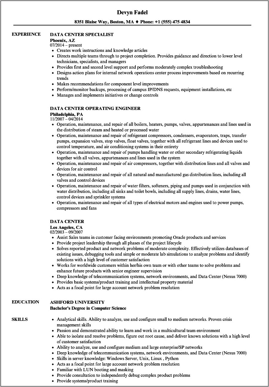 Great Resume Examples Data Center