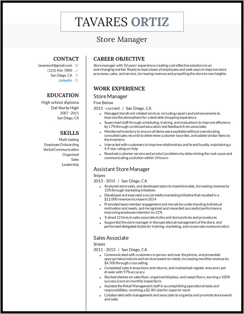 Grocery Store Manager Duties Resume
