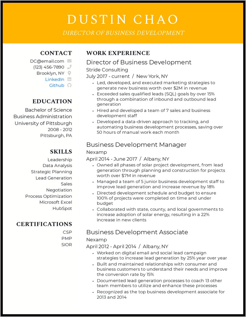Head Business Development Resume Sample