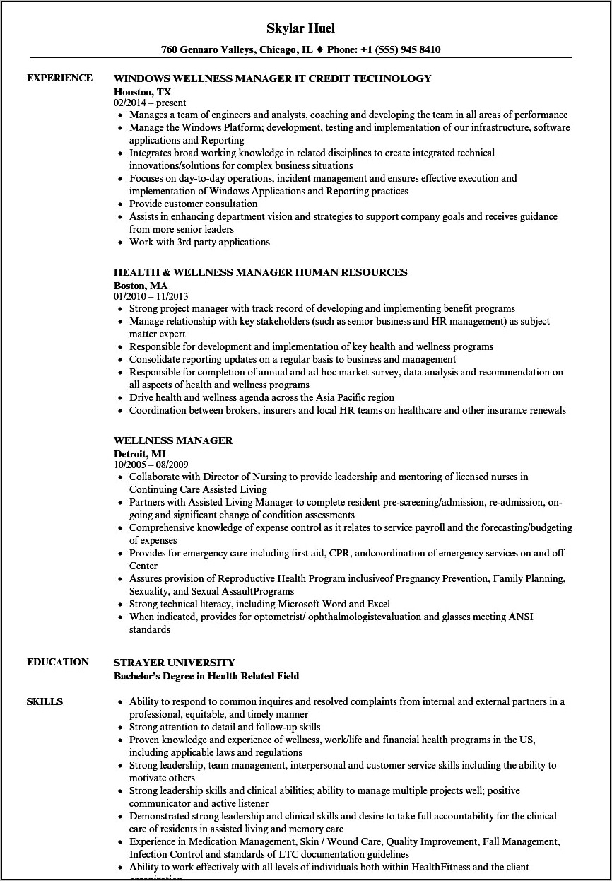 Health And Wellness Manager Resume