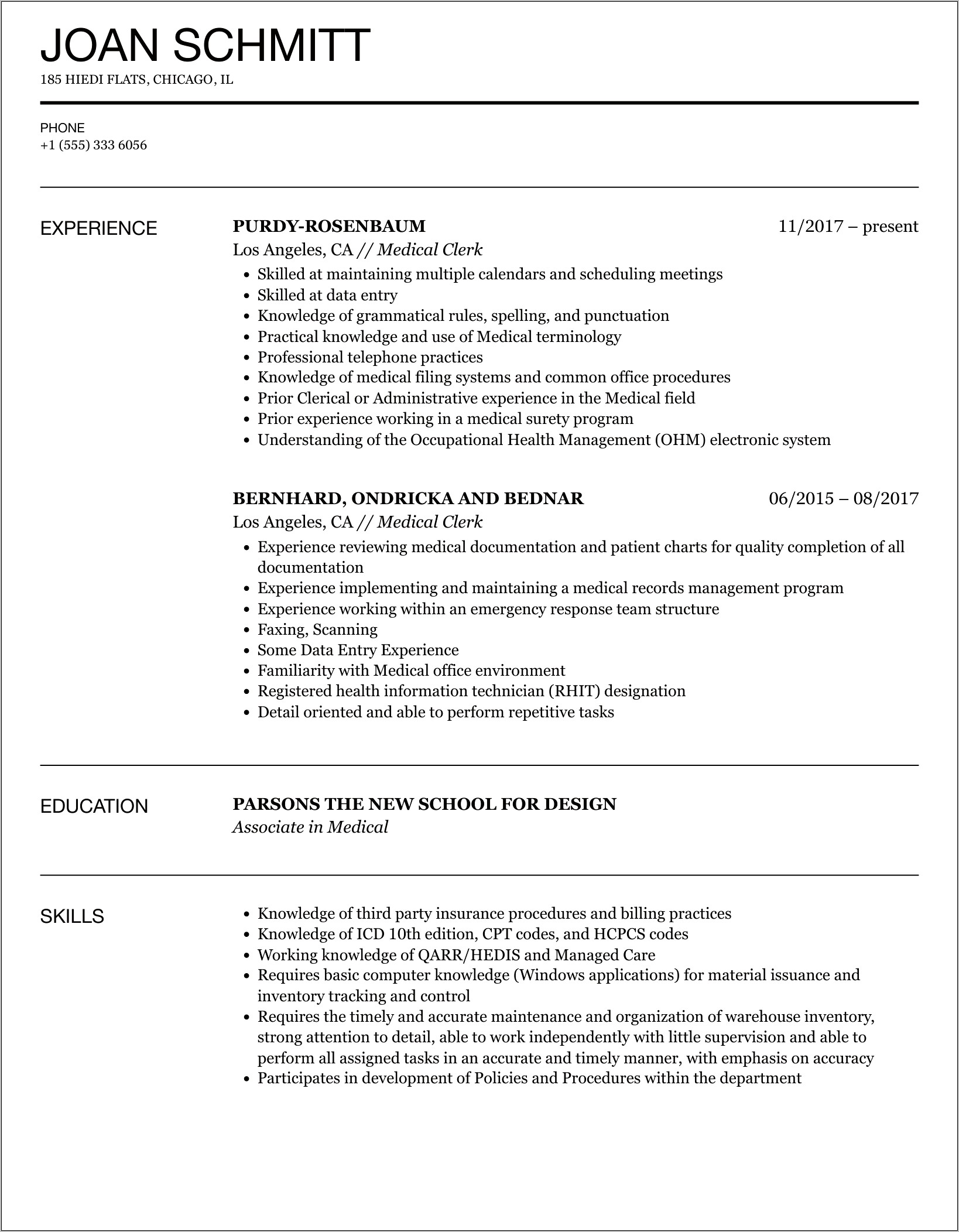 Health Information Clerk Sample Resume