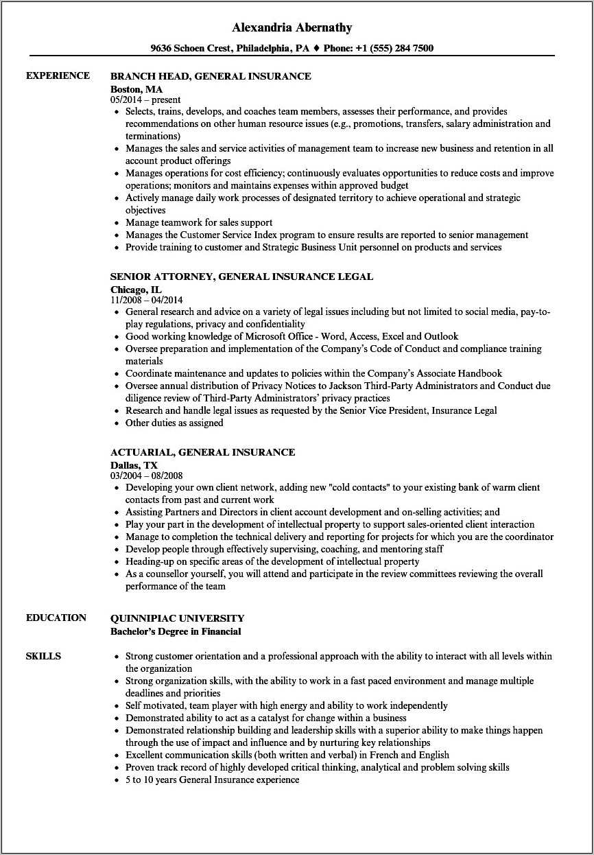 Health Insurance Job Description Resume