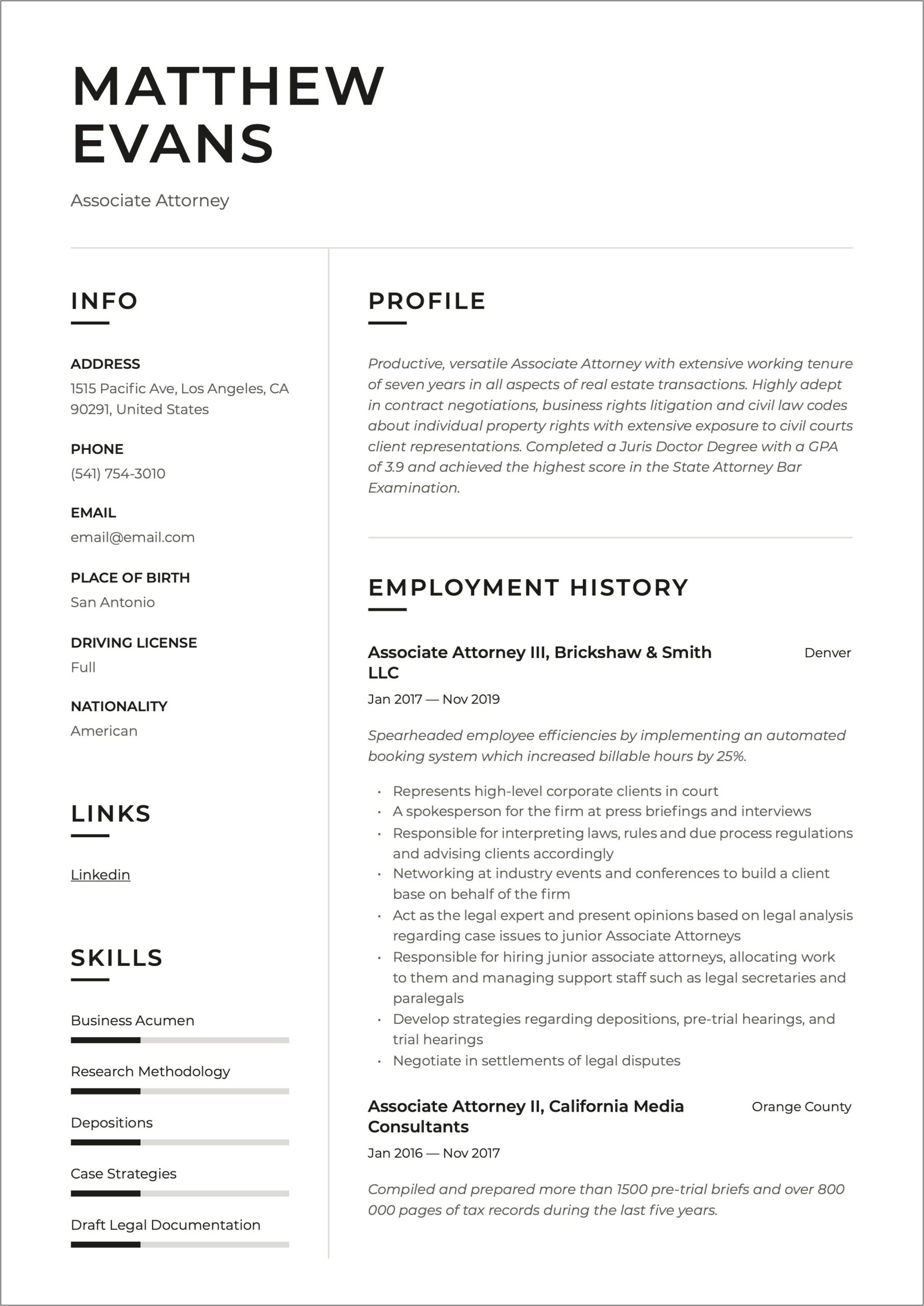 Highly Skilled Transactional Attorney Resume