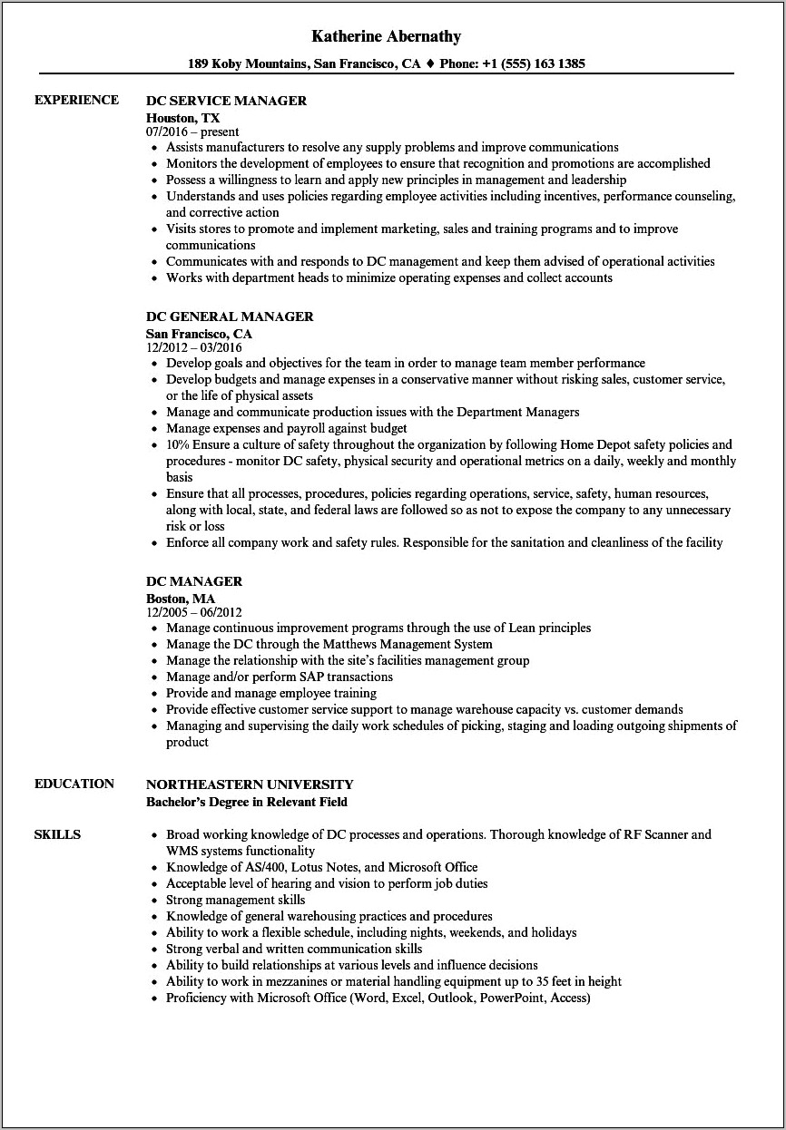 Home Depot Assistant Manager Resume