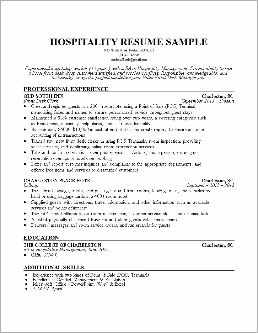 Hospitality Job Skills For Resume