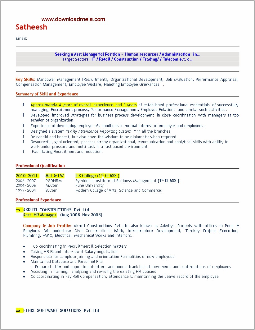 Human Resource Manager Resume Doc