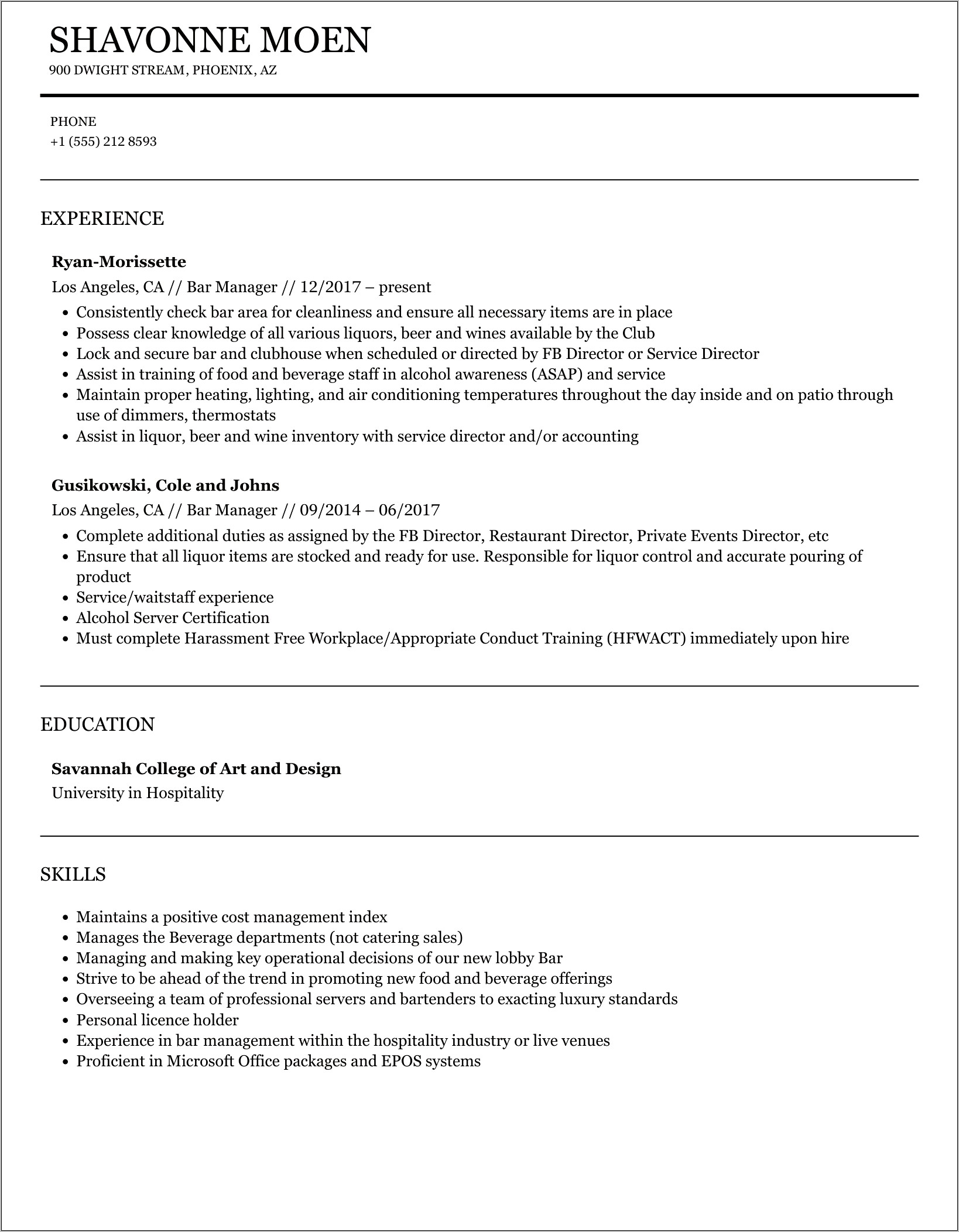Ideas For Bar Manager Resume