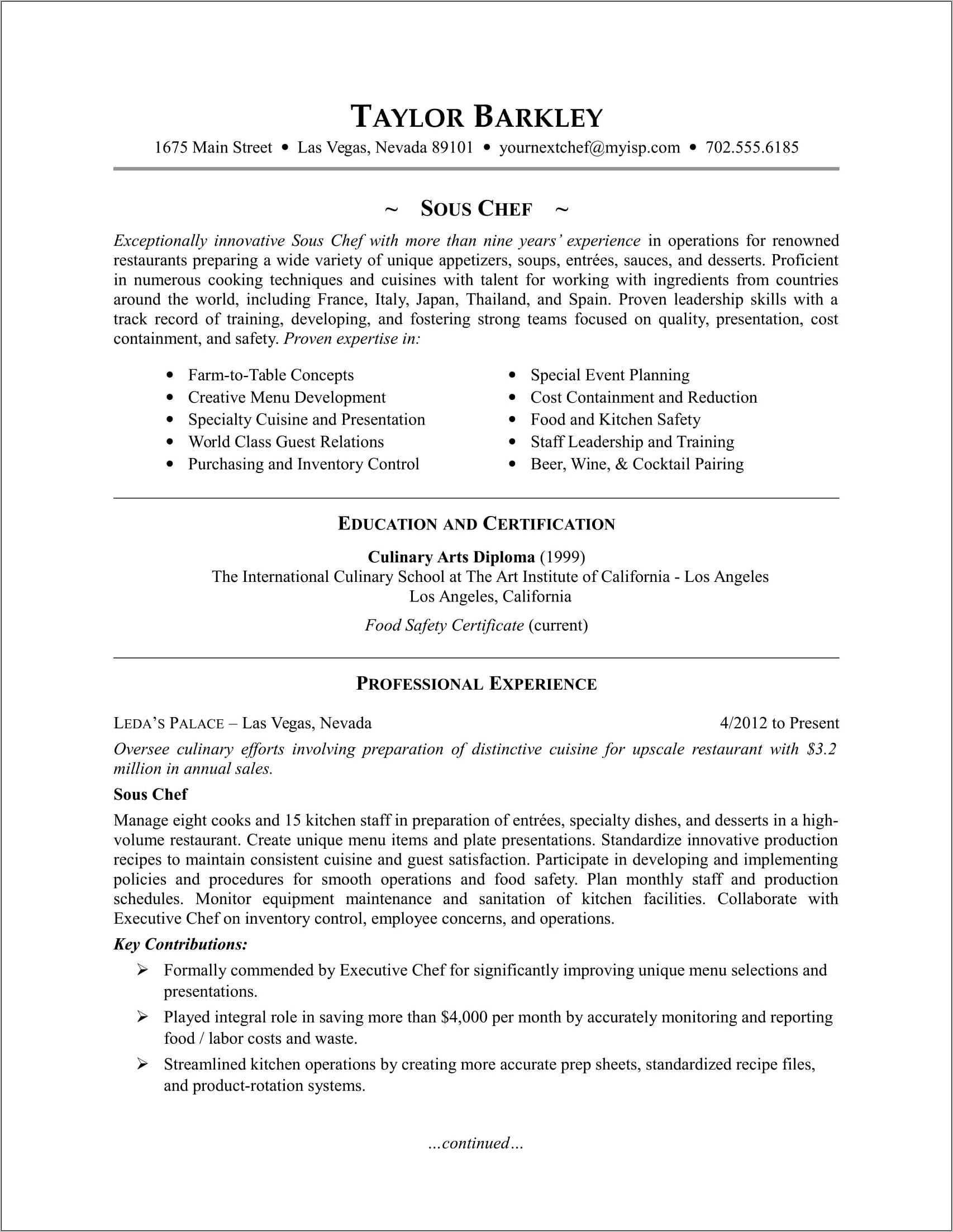 Indian Chef Resume Sample Word