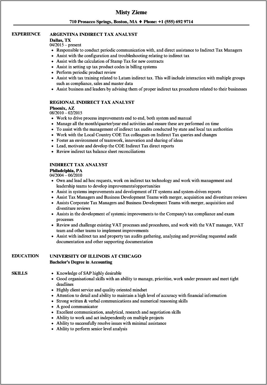Indirect Tax Manager Resume Sample